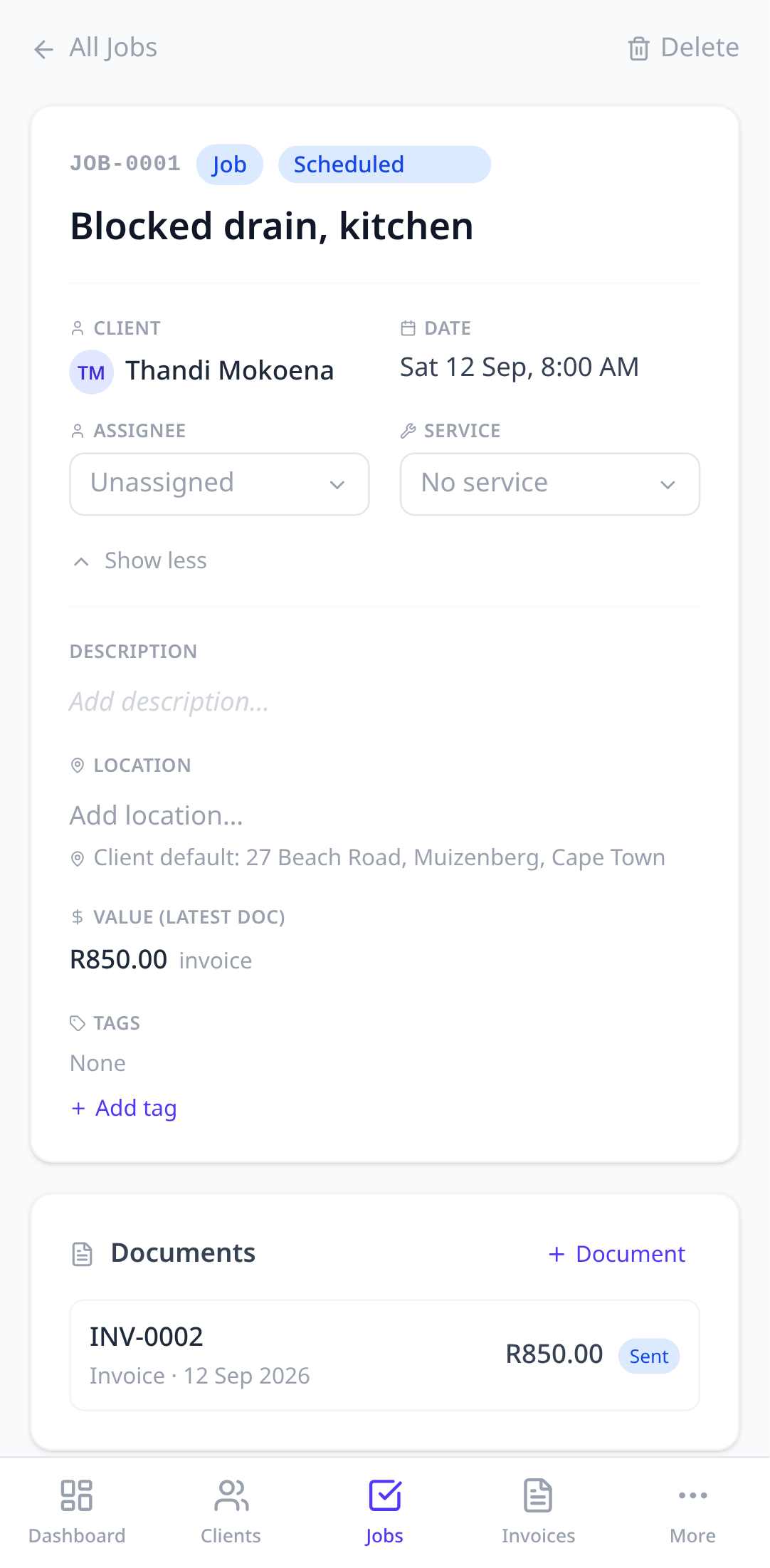 The job page with the status badge at the top; tap it to pick a new status