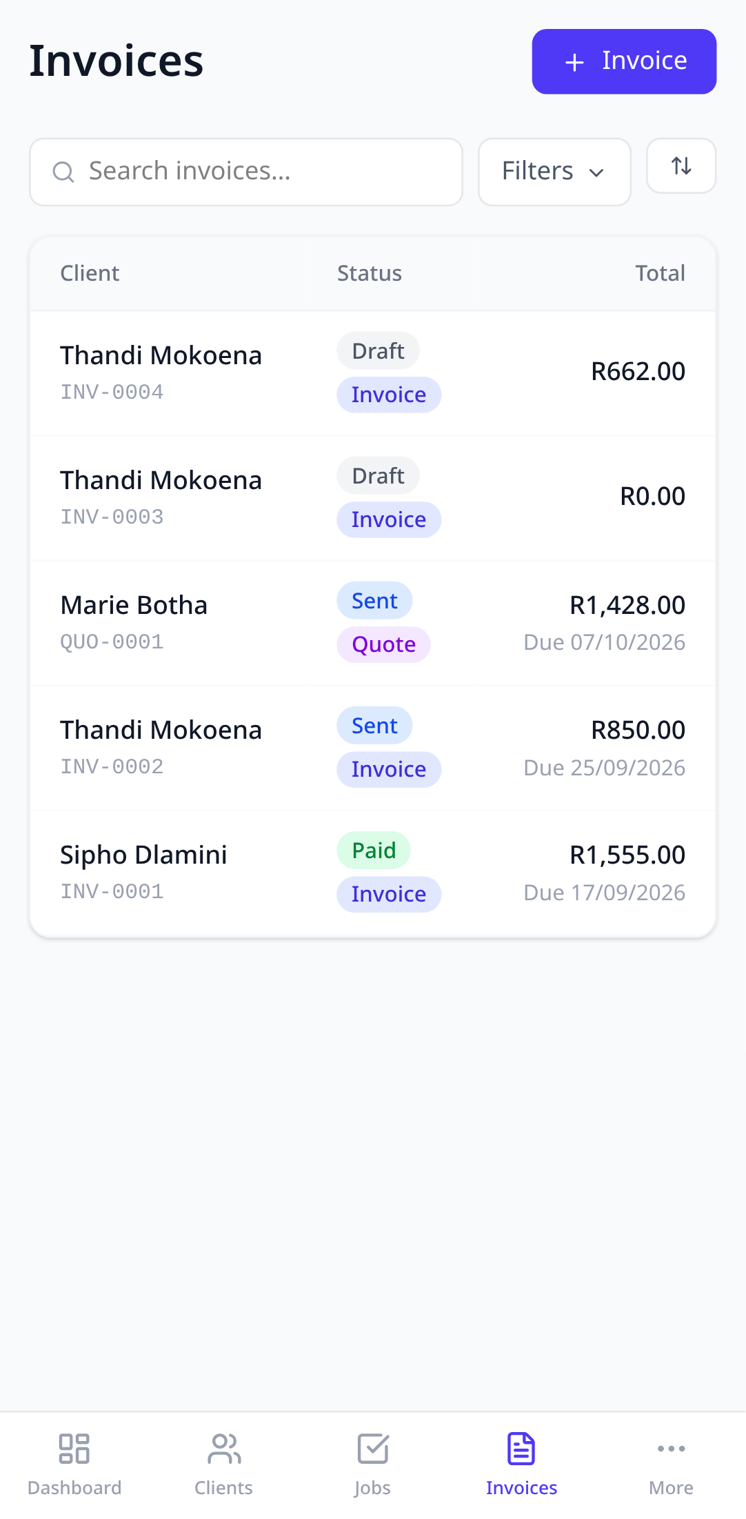 The Invoices list with a mix of quotes and invoices