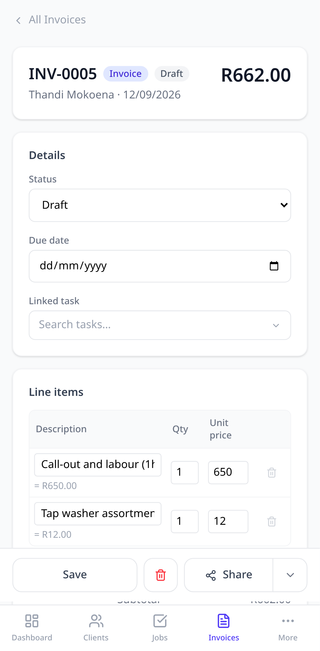 The invoice detail page with the Share button at the bottom