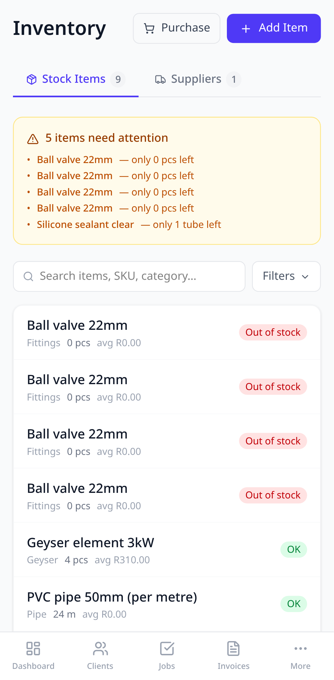 The Inventory list with quantities and a low-stock flag