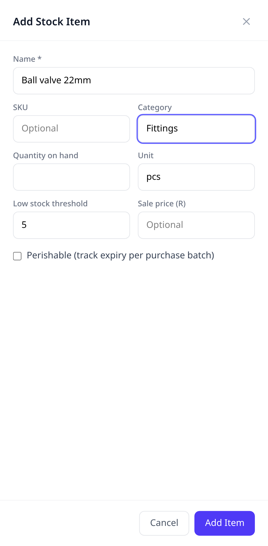 The Add Item form