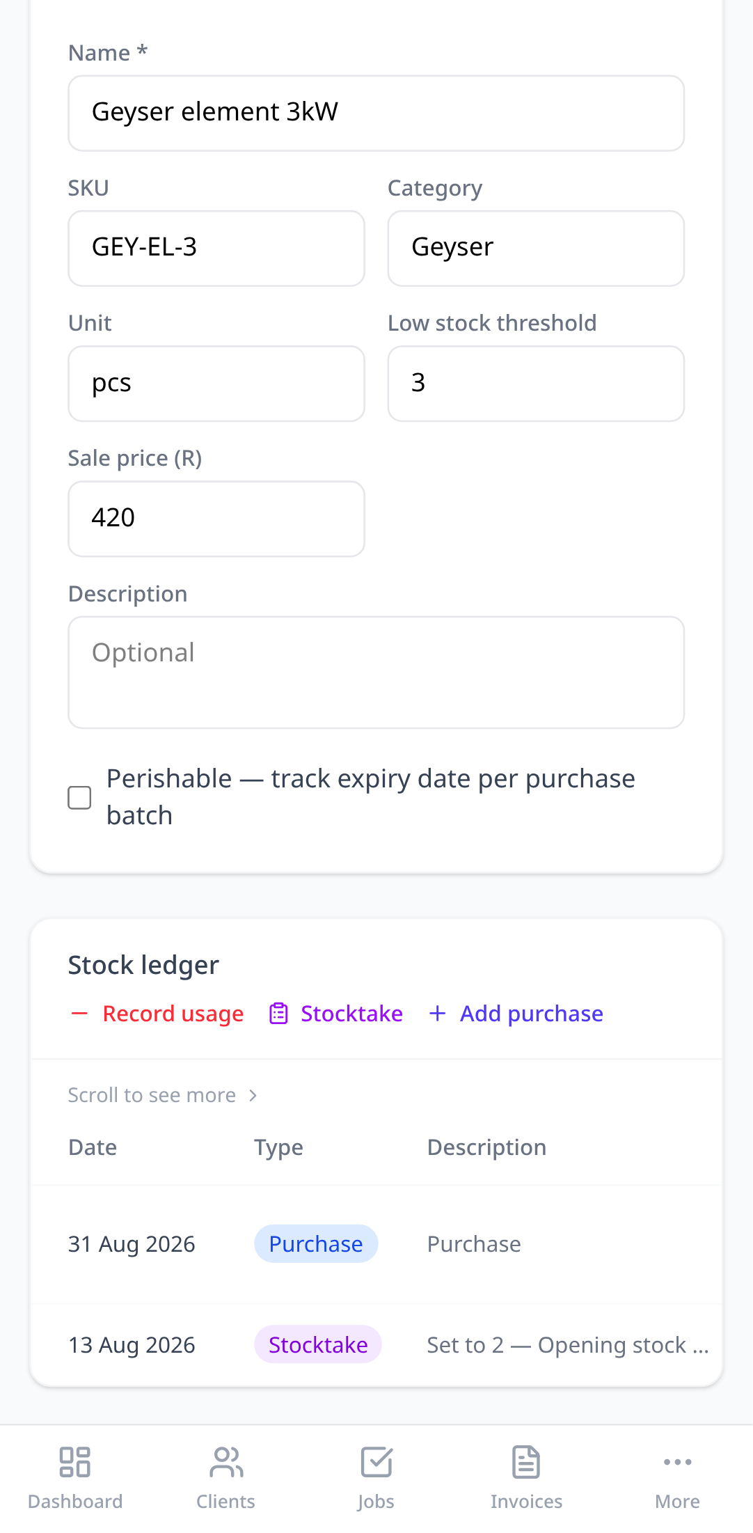 A stock item's movement history showing an opening count, a purchase, and a job deduction