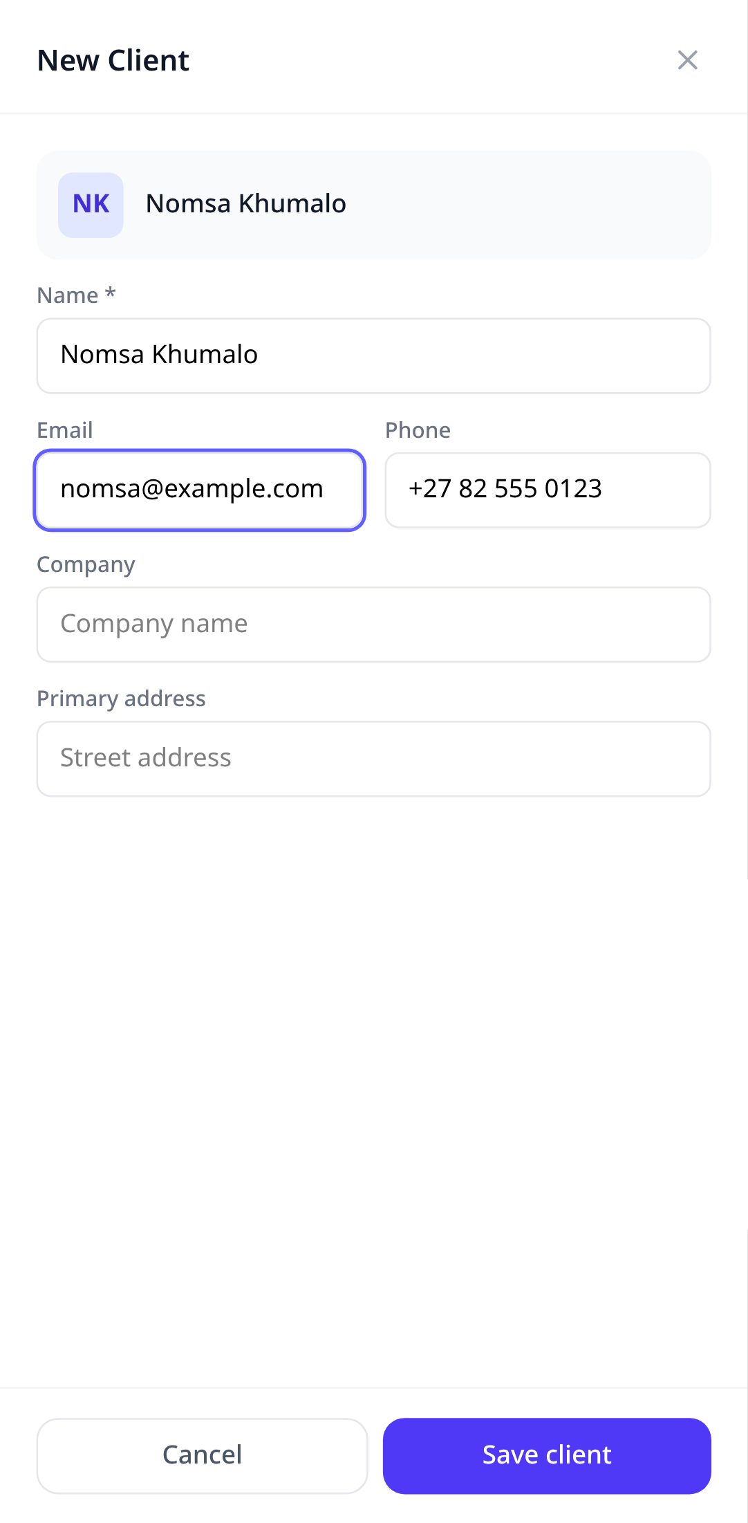 The New Client form with name, phone, email, and company fields